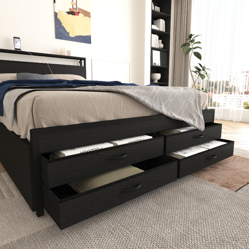 Full Size Bed Frame with 8 Storage Drawers, LED Headboard