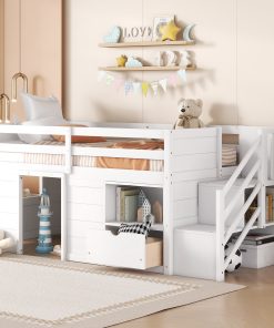 Solid Wood Twin Size Low Loft Bed With Stair, Drawer, and Shelf