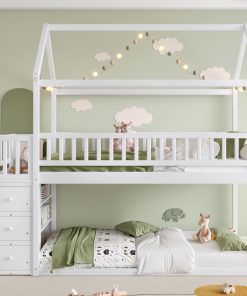 Twin over Twin House Bunk Bed With Shelves and Drawers