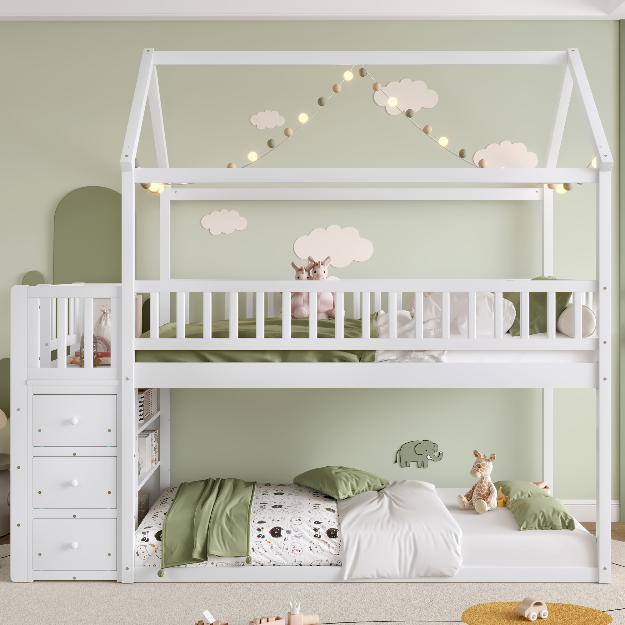 Twin over Twin House Bunk Bed With Shelves and Drawers