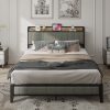 Full Size Bed Frame with Charging Station, Upholstered Headboard