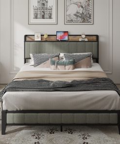 Full Size Bed Frame with Charging Station, Upholstered Headboard
