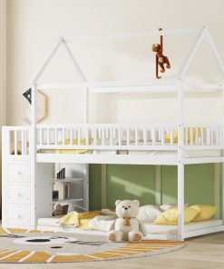 Twin over Twin House Bunk Bed With Shelves and Drawers