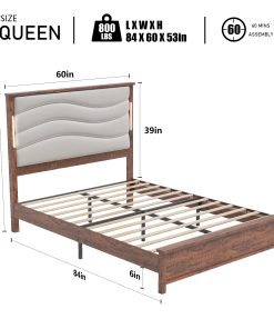Wood Queen Size Bed Frame with Upholstered Headboard
