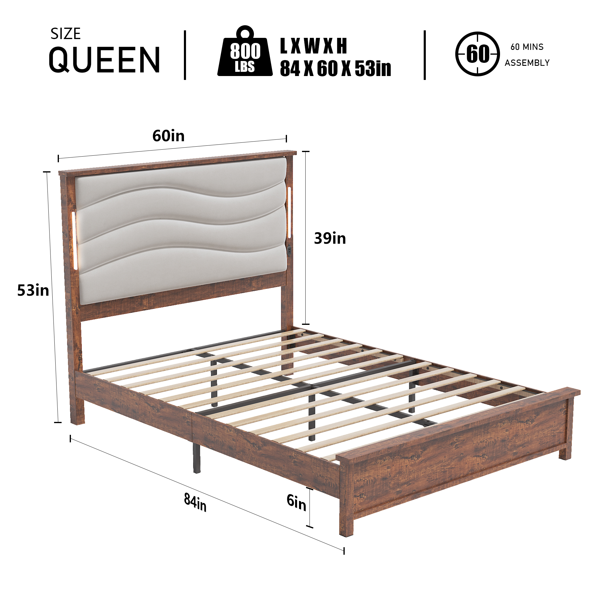 Wood Queen Size Bed Frame with Upholstered Headboard