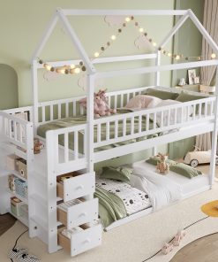 Twin over Twin House Bunk Bed With Shelves and Drawers