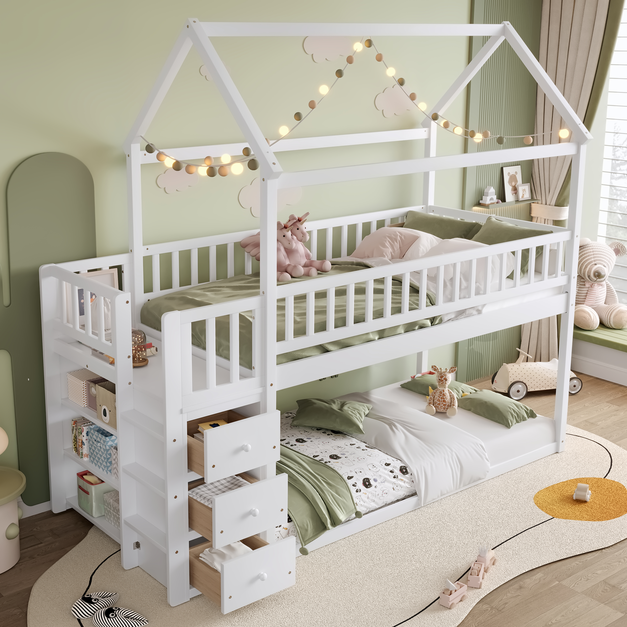 Twin over Twin House Bunk Bed With Shelves and Drawers
