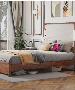 Wood Queen Size Bed Frame with Upholstered Headboard