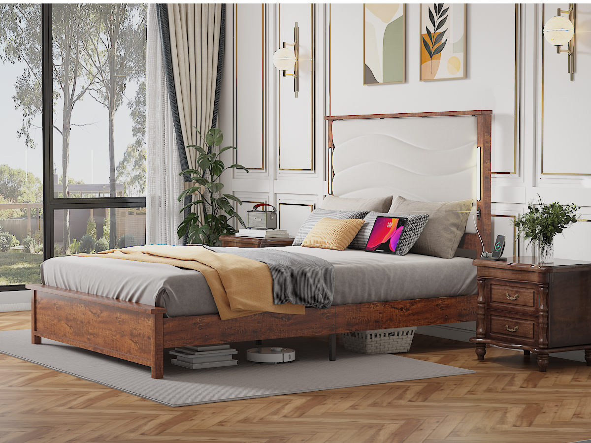 Wood Queen Size Bed Frame with Upholstered Headboard