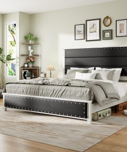 King Size Platform Bed with Upholstered Headboard