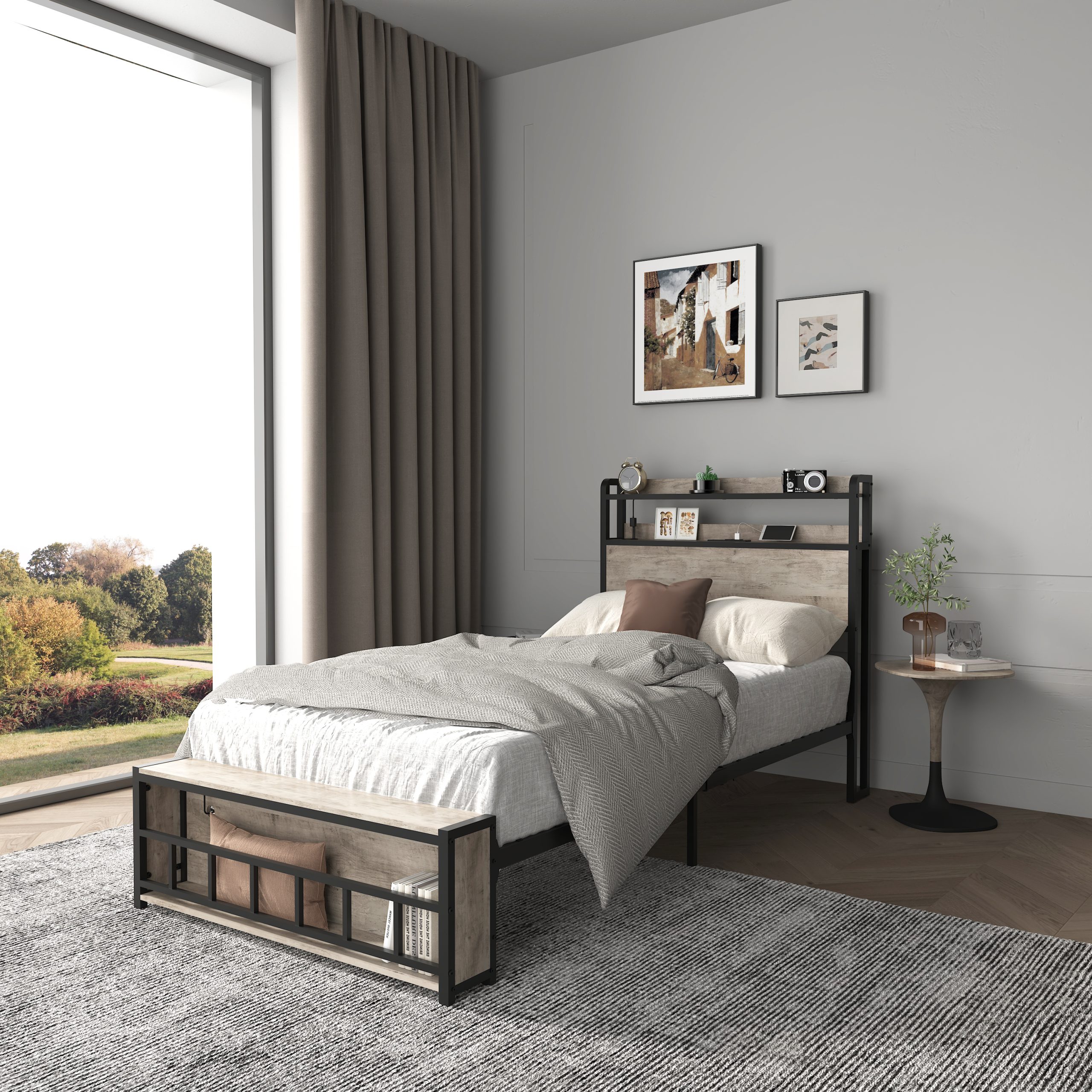 Twin Bed Frames with Charging Station and LED Light