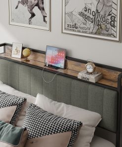 Full Size Bed Frame with Charging Station, Upholstered Headboard
