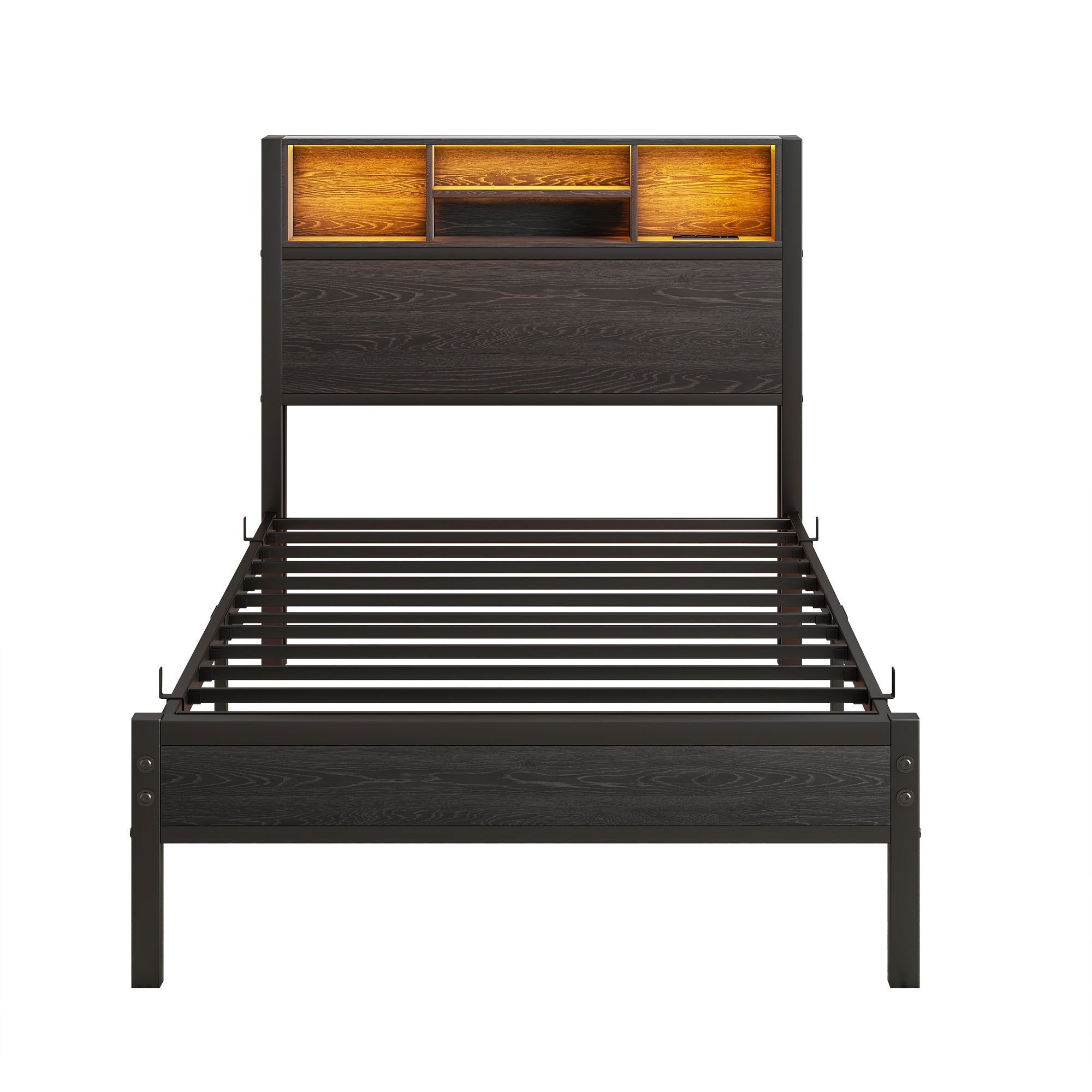Metal Twin Size Bed Frame With Storage Headboard