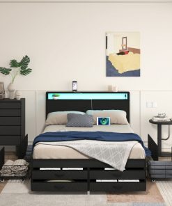 Queen Size Bed Frame with 8 Storage Drawers, LED Headboard