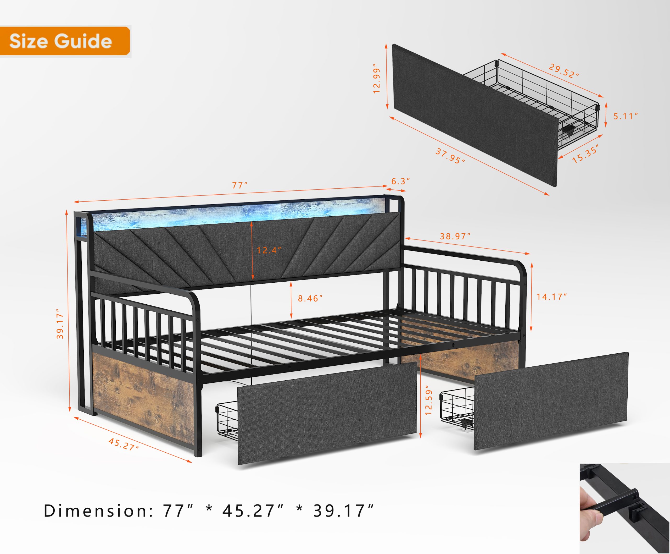 Sturdy Metal Twin Daybed With Drawers