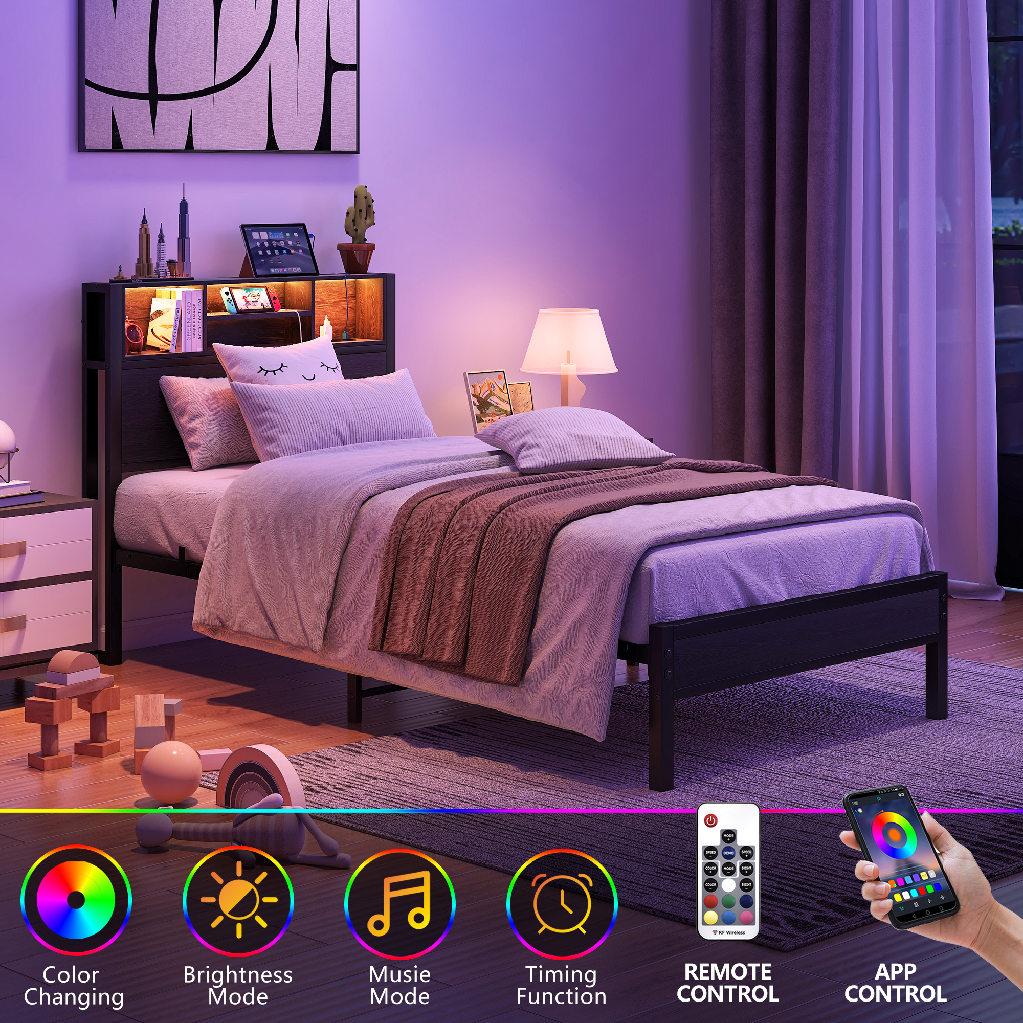 Metal Twin Size Bed Frame With Storage Headboard