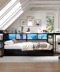 Full Size Corner Bed Frame With Bookcase And 2 Drawers