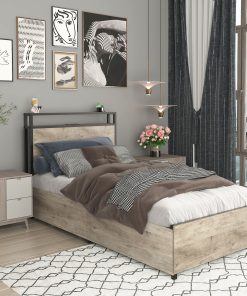 Solid and Stable Twin Bed Frame with Storage Headboard