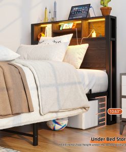 Metal Twin Size Bed Frame With Storage Headboard