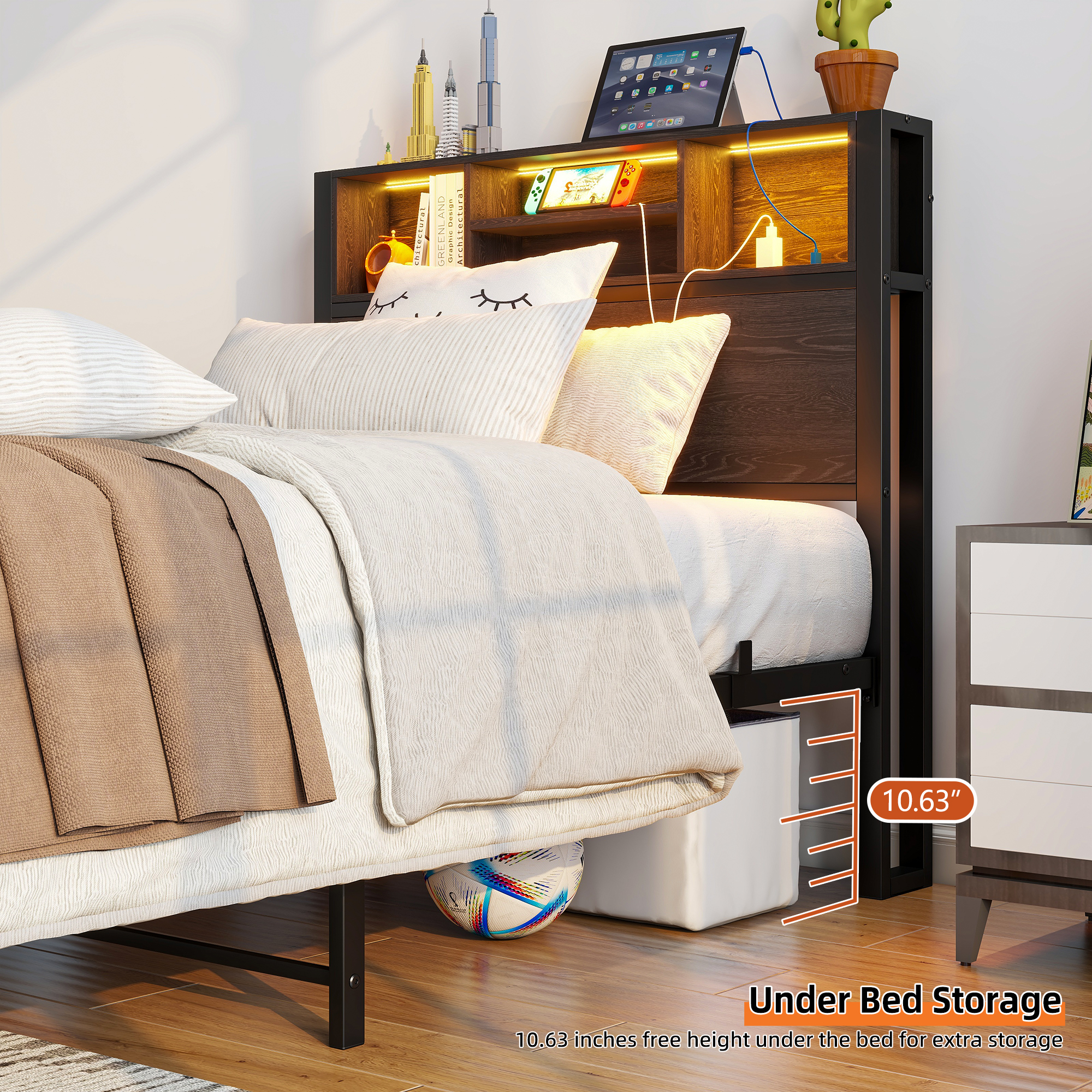 Metal Twin Size Bed Frame With Storage Headboard