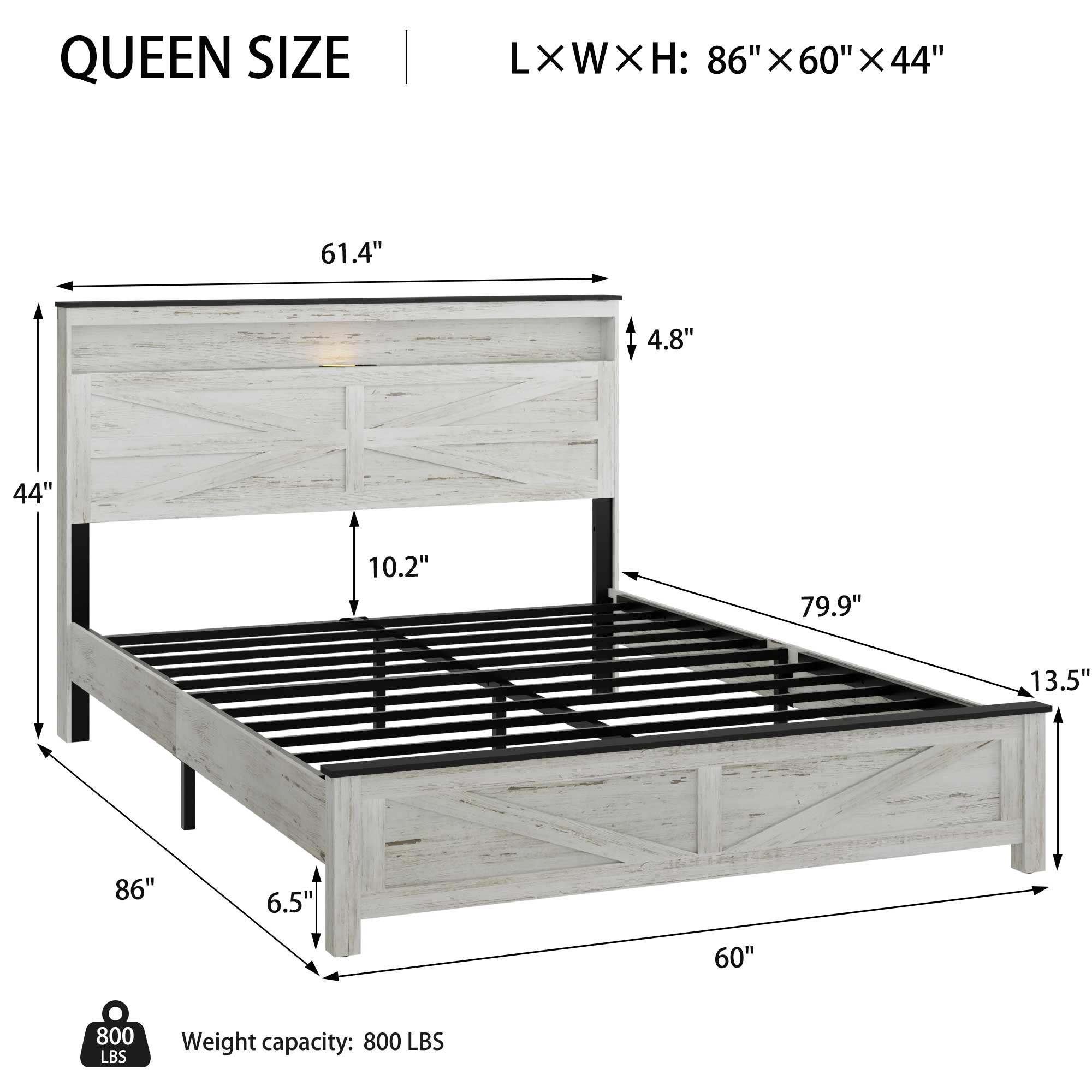 Queen Size Bed Frame Headboard With LED Lights And Charging Station