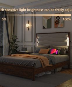 Wood Queen Size Bed Frame with Upholstered Headboard