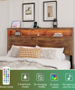 Queen Size Wood Platform Bed Frame With Storage LED Light Headboard