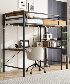 Twin Size Loft Bed with L Shaped Desk and Shelves