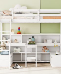 Twin Loft Bed With Storage Shelves, Drawers, Seat and Desk