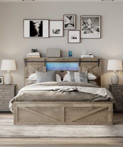 Queen Size Bed Frame With LED Lights And Charging Station