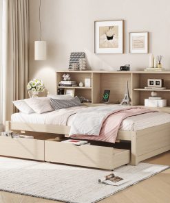 Twin Size Bed Frame With Side Bookshelves, Two Drawers, and Built-in USB Port