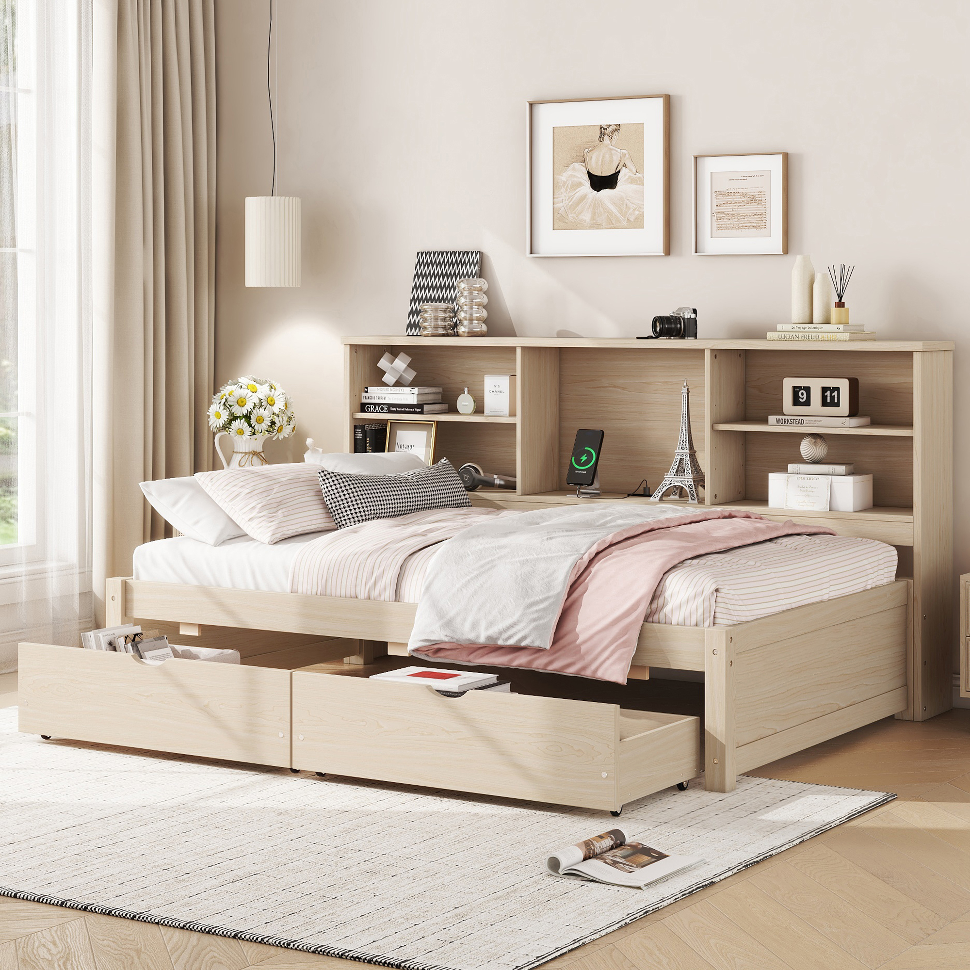 Twin Size Bed Frame With Side Bookshelves, Two Drawers, and Built-in USB Port