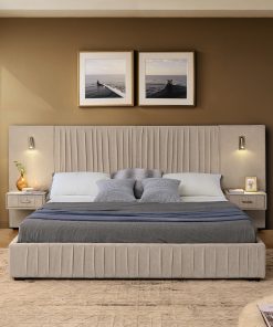 Queen Size Upholstered Bed Frame With Chenille Fabric with Pleated Design