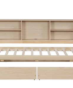 Twin Size Bed Frame With Side Bookshelves, Two Drawers, and Built-in USB Port
