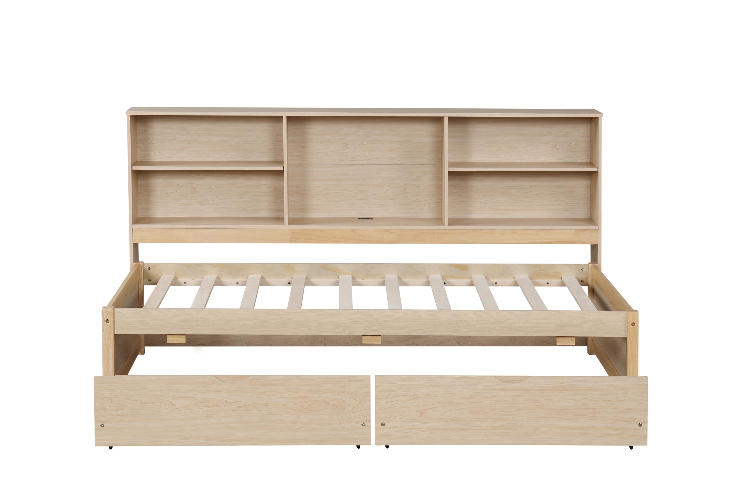 Twin Size Bed Frame With Side Bookshelves, Two Drawers, and Built-in USB Port