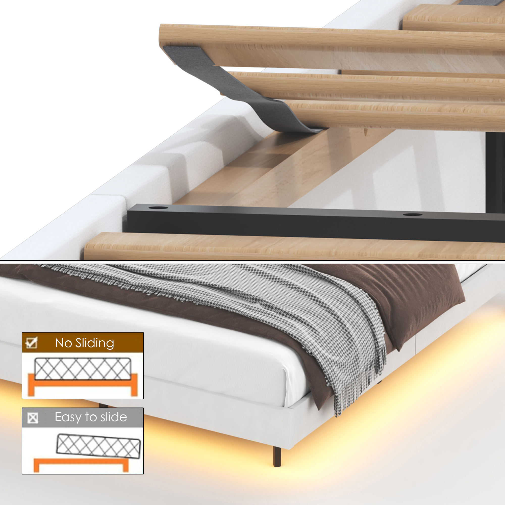 King Floating Bed Frame with LED Light and Charging Station