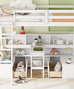 Twin Loft Bed With Storage Shelves, Drawers, Seat and Desk