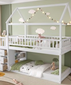 Twin over Twin House Bunk Bed With Shelves and Drawers