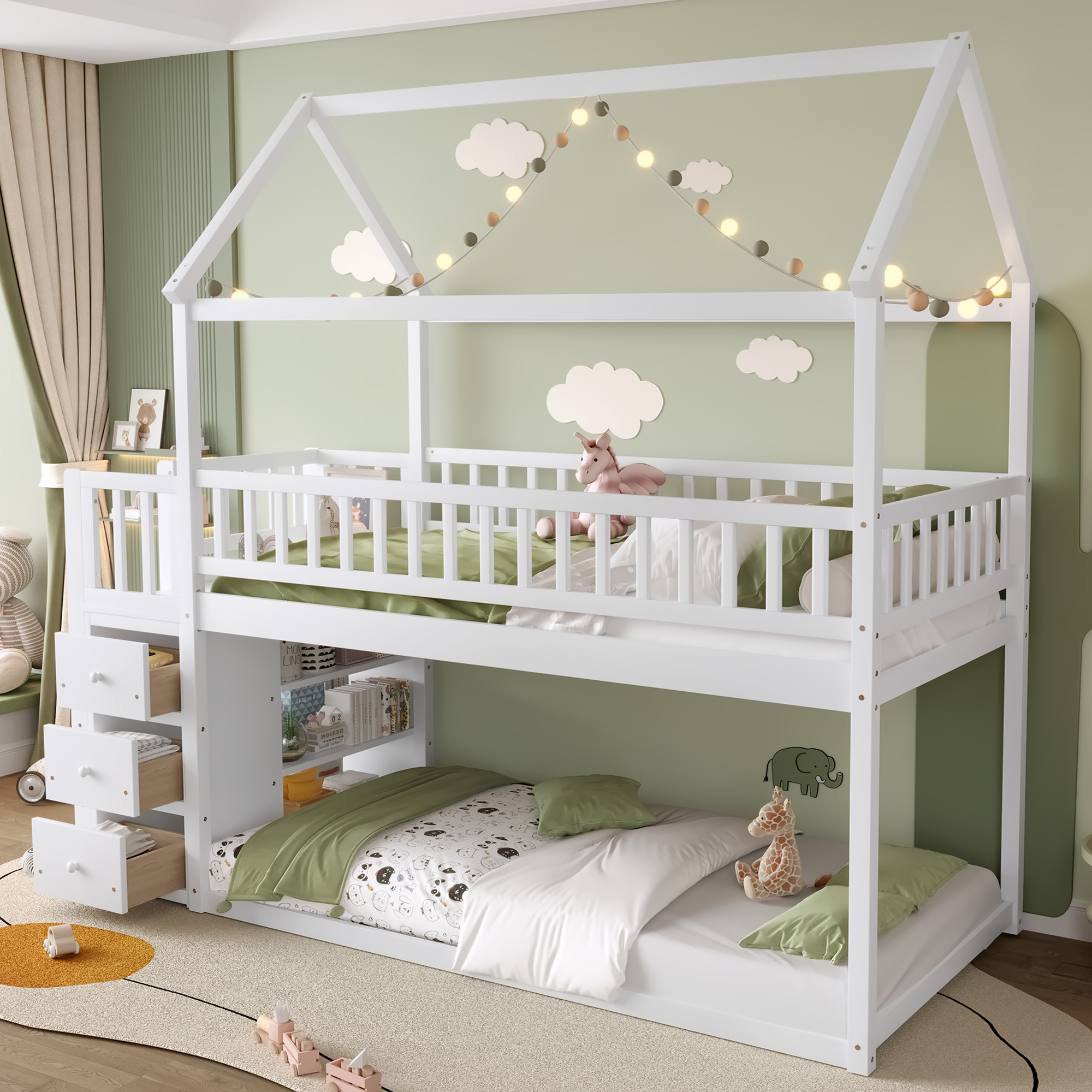 Twin over Twin House Bunk Bed With Shelves and Drawers