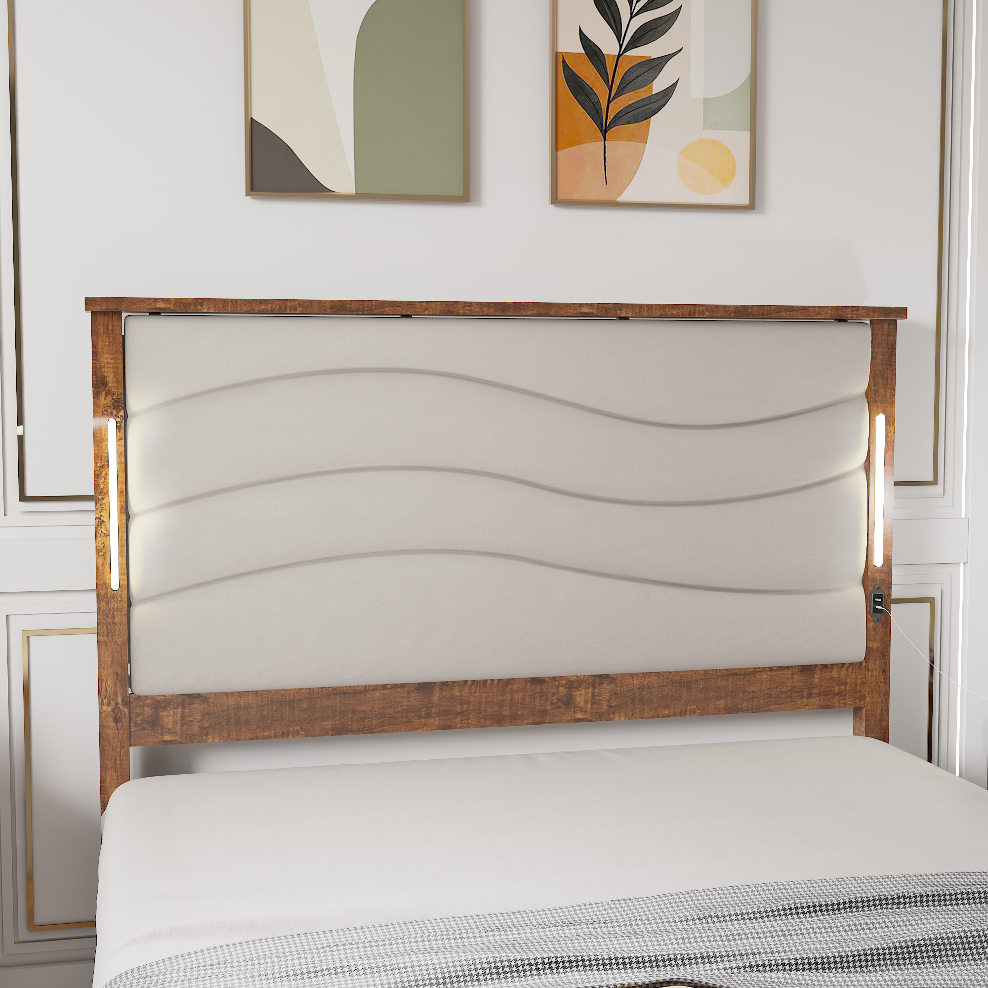 Wood Queen Size Bed Frame with Upholstered Headboard