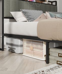 Full Size Bed Frame with Charging Station, Upholstered Headboard
