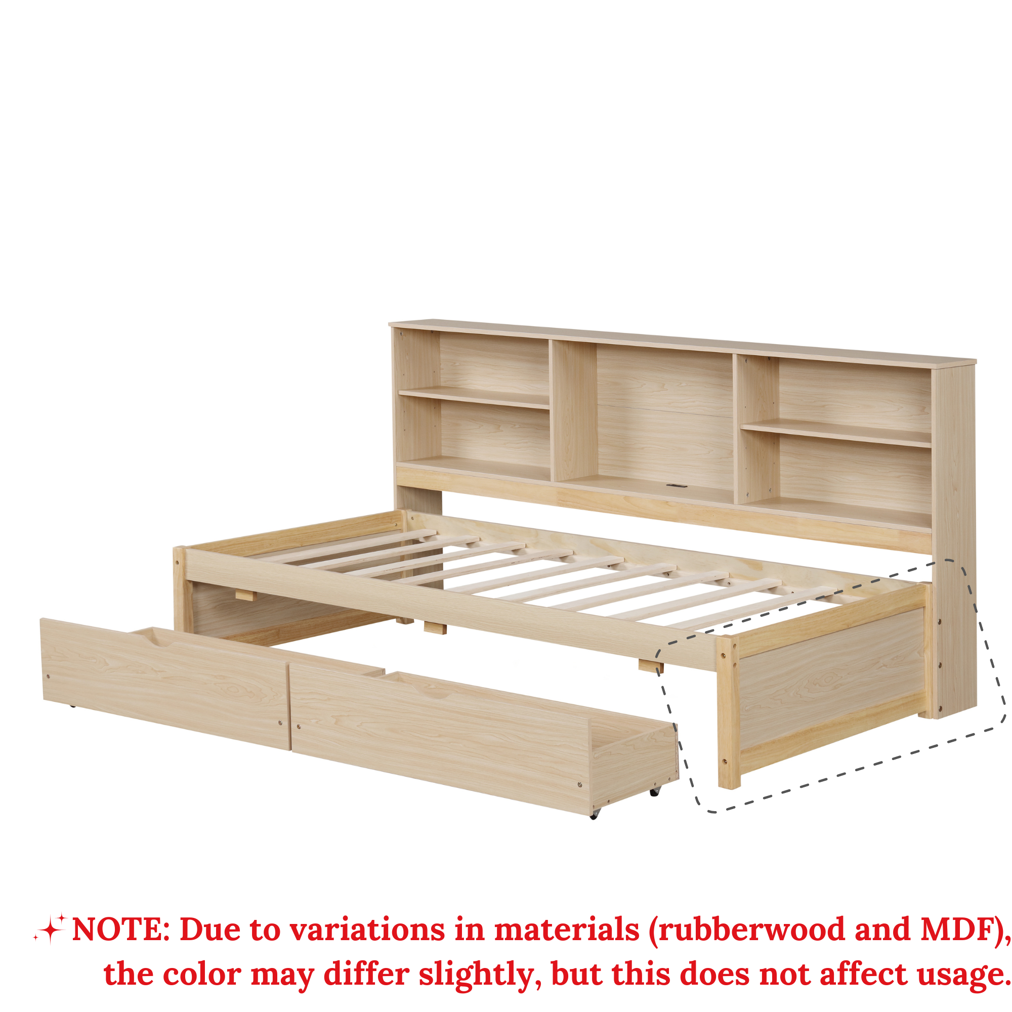 Twin Size Bed Frame With Side Bookshelves, Two Drawers, and Built-in USB Port