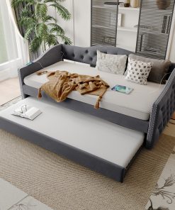 Twin Size Upholstered Daybed with Trundle and USB Charging