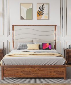 Wood Queen Size Bed Frame with Upholstered Headboard