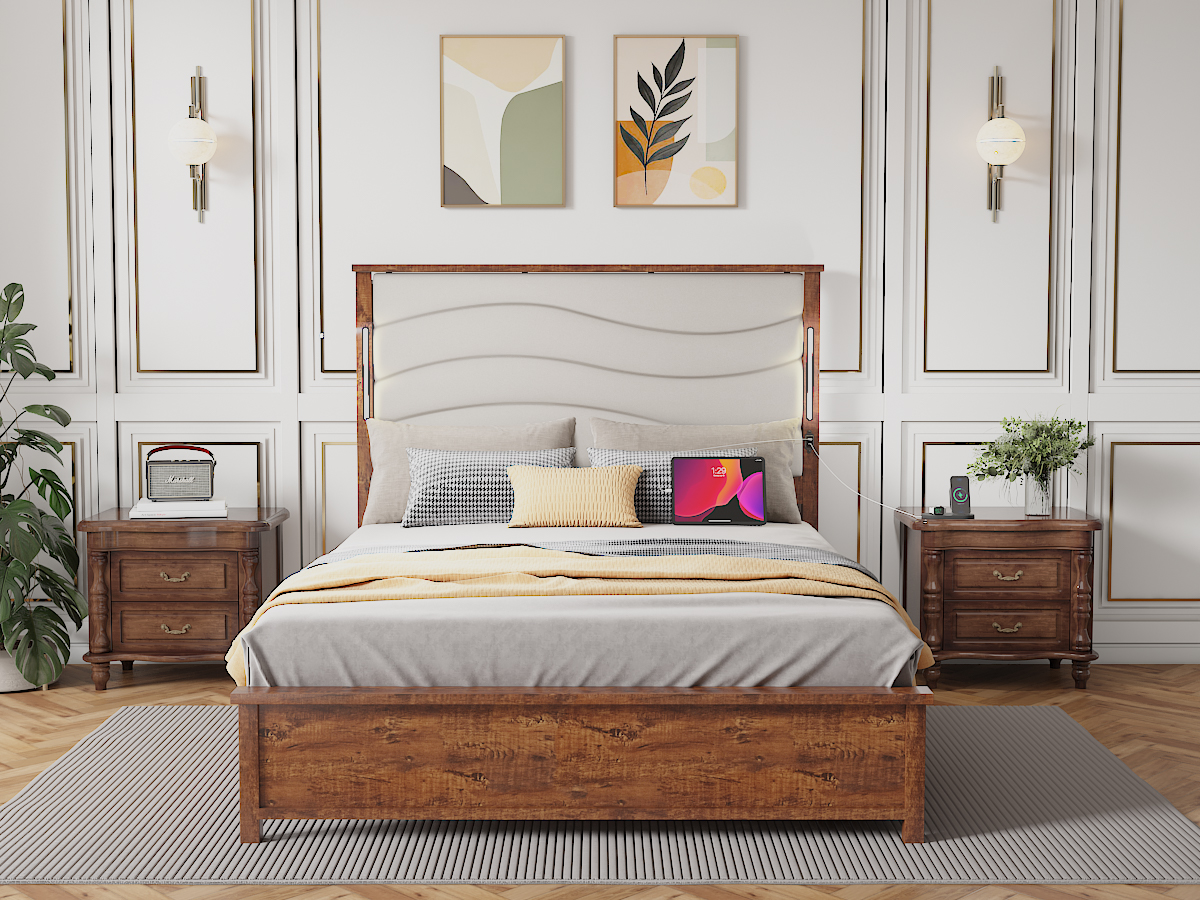 Wood Queen Size Bed Frame with Upholstered Headboard