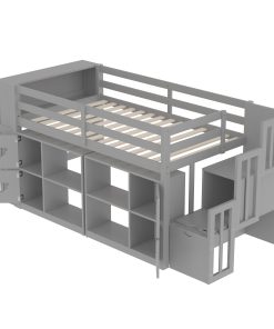 Twin Size Low Loft Bed With Shelves, Storage Headboard, and Stair