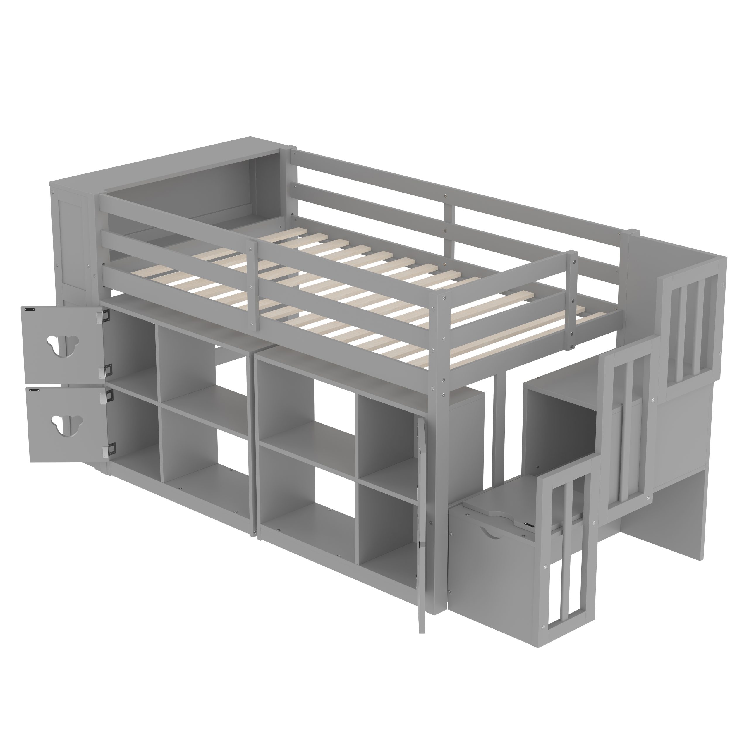 Twin Size Low Loft Bed With Shelves, Storage Headboard, and Stair