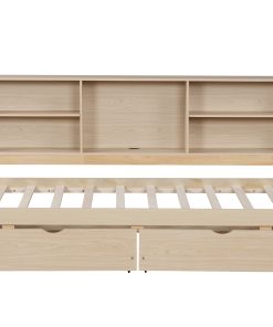 Twin Size Bed Frame With Side Bookshelves, Two Drawers, and Built-in USB Port