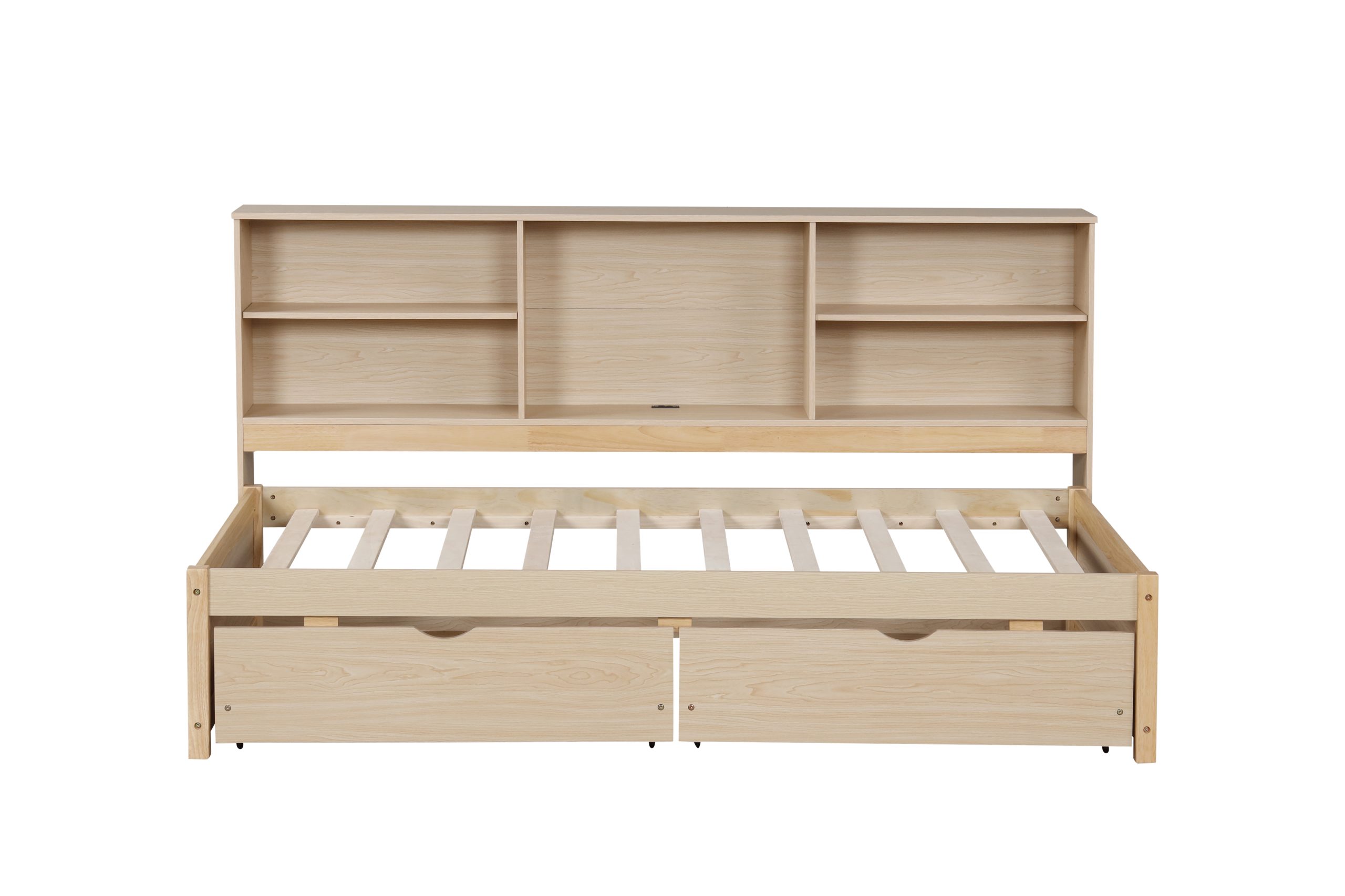 Twin Size Bed Frame With Side Bookshelves, Two Drawers, and Built-in USB Port