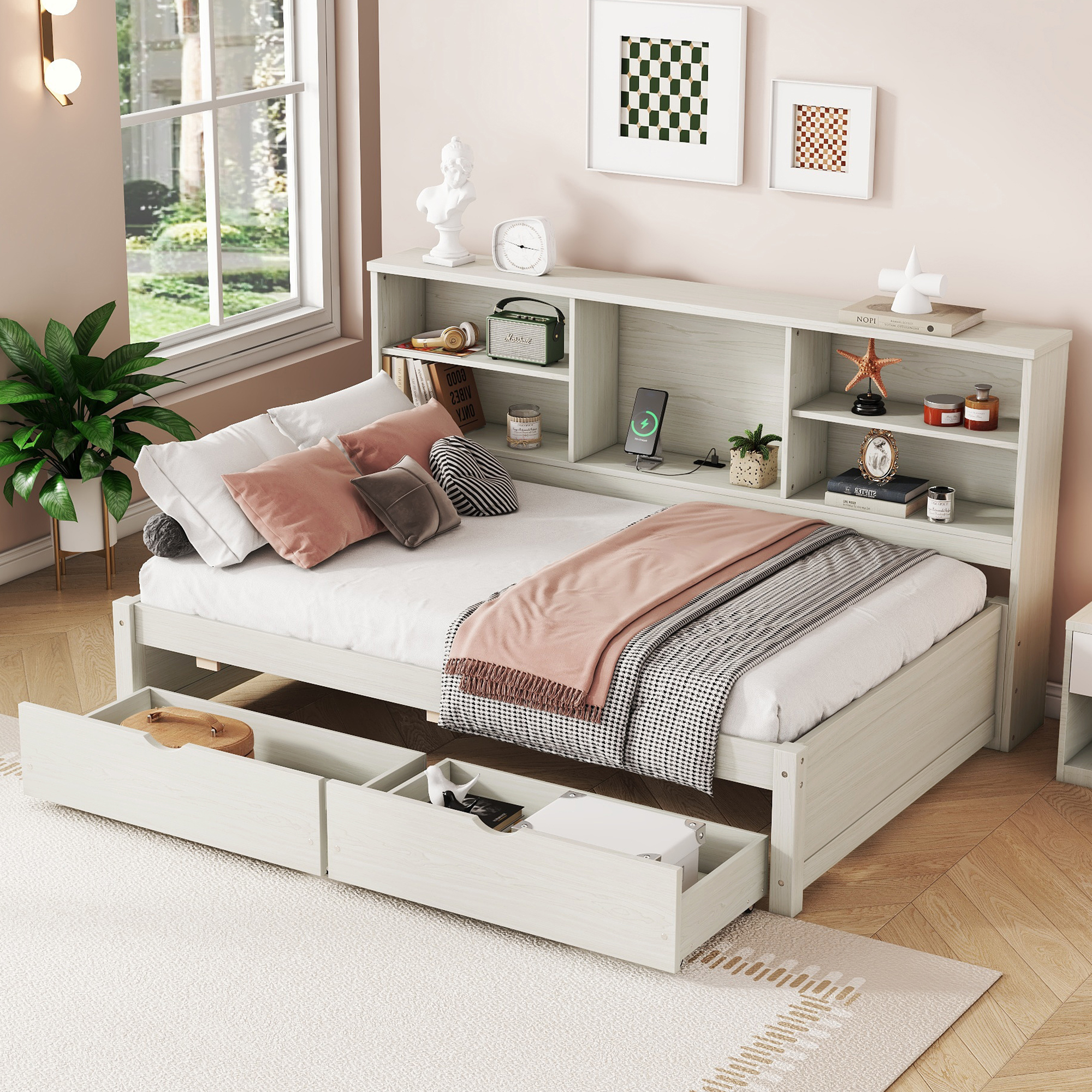 Twin Size Bed Frame With Side Bookshelves, Two Drawers, and Built-in USB Port